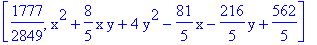 [1777/2849, x^2+8/5*x*y+4*y^2-81/5*x-216/5*y+562/5]